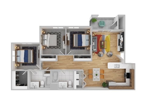 Floor plan for 3 beds, 2 baths, 1091 sqft